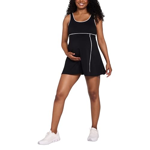 Motherhood Maternity Womens Sleeveless Active Scoop Neck Pregnancy Tennis Dress with Built-in Shorts and Side Pockets Black/White Contrast Large