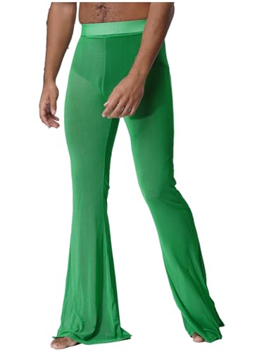 TiaoBug Mens Sheer Mesh Flared Pants High Waist Elastic Waistband Bell Bottom See Through Trousers2