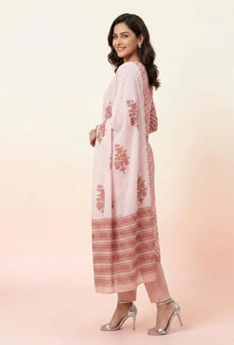 Image of Eddika women unstitched hand block printed cotton suit set with mulmul dupatta ehbpcswmd0120P