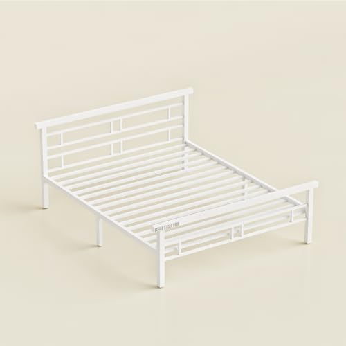 Image of Queen Size Metal Bed Frame with Headboard & Footboard | Queen Metal Bed | QueenSize Iron Bed | Queen Steel Bed | Heavy Duty Platform Bed | Double Bed Cot | Steel Slats | No Box Spring Needed | White
