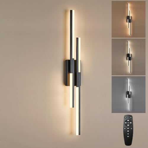 Image of Benkut Modern LED Wall Sconce Black Remote Wall Light Fixtures for Bathroom, Dimmable Vanity Light Indoor LED Remote Wall Sconce for Living Dining Room Bedside Bedroom (3000-6500K 35.4inch)