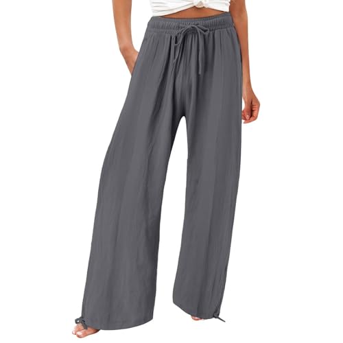 Pantalones de lino para mujer, pierna ancha, pantalones de mezclilla con cordón elástico en la cintura alta, pantalones casuales de playa, gris oscuro, M