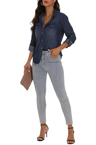 GUANYY Womens Denim Button Down Shirt Long Sleeve V Neck Jean Shirts Western Chambray Blouse Top2