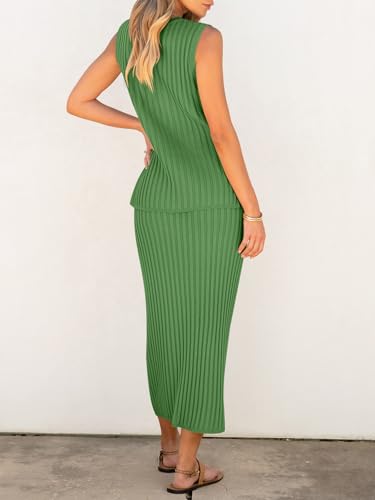 Image of Women's 2 Piece Outfits Summer Sweater Skirt Sets Casual Sleeveless V Neck Ribbed Vest Knit Tops Midi Dress