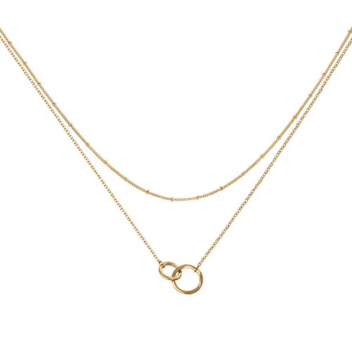 Befettly Double Circles Layered Sister Necklace 14K Gold Fill Dainty Hammered Cute Karma Layering Necklace CK10-2 Circle Layered
