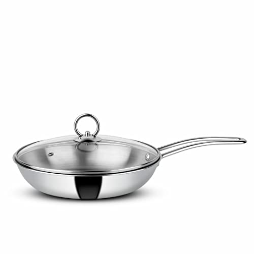 Image of Orange Triply Stainless Steel Fry Pan with Riveted Cast Long Handle with Glass Lid | 2 Litre Capacity, 24cm Diameter | Heavy Bottom | Gas top and Induction Friendly | Silver | 5 Year Warranty