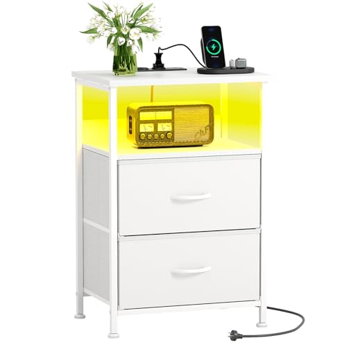 CAIYUN Mesita de noche con LED y función de carga mesa auxiliar con cajón mesitas de con 2 conexiones