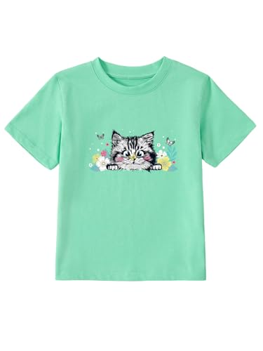 Image of Girl's Cute Cat Graphic T-Shirts Funny Animal Lover Green