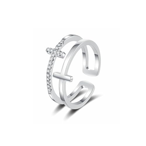 HinDaLi Bague Croix Argent 925 pour Femme Homme Fille Bagues Ouverte Zirconium Bague de Promesse Diamant Éternité Fiançailles Réglable Croix Bagues en...