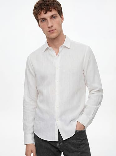 Image of SNITCH Men Casual Shirt | Slim Fit Long Sleeve Spread Collar Vertical Crinkle Textured Pattern | Breathable Polyester Blend & Stretchable Fabric for Casual Outing & Everyday Use