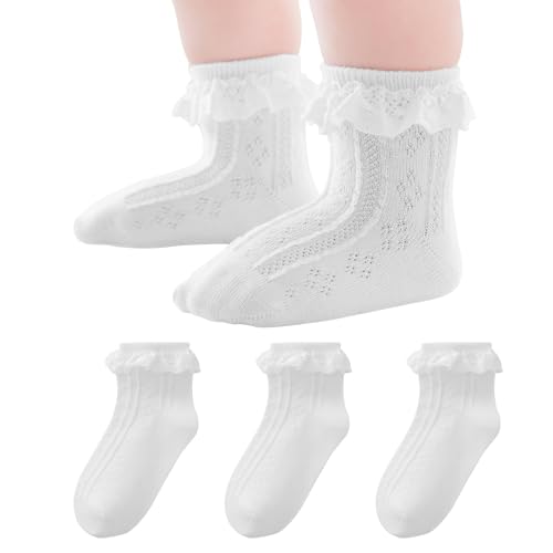 Image of EPEIUS Baby Lace Socks Newborn Girl Eyelet Ruffle Socks Infant Toddler Dress Crew Sox 0-6/6-12/12-24 Months