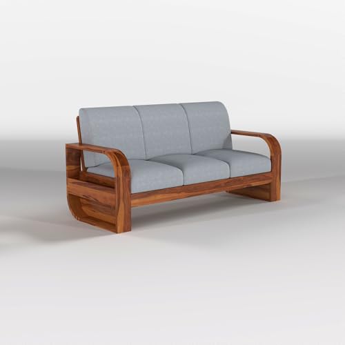 Image of Solid Sheesham Wooden 6 Seater Sofa Set Without Coffee Table with Grey Cushion for Living Room Furniture - Honey Finish (3+2+1)