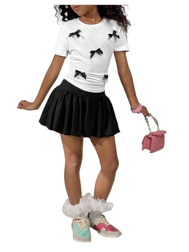 RoseSeek Girl's 2 Piece Outfits Bowknot T Shirts and Bubble Skirts Set Summer Cutesy Outfit Black and White 8Y