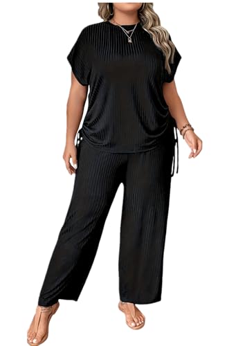 Plus Size 2 Piece Lounge Sets for Women Sweatsuit Loose Ribbed Short Sleeve Tops Wide Leg Pants Pajama Sets