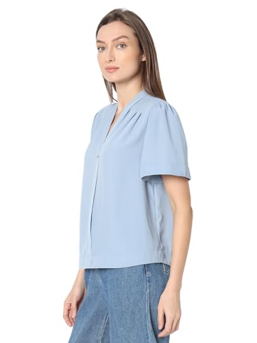 Image of VERO Moda Women's Regular Fit Solid V-Neck Top | Day to Evening | Short Sleeves Top for Women