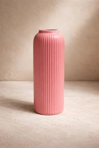 Image of SPHINX Ribbed Pipe Ceramic Vase, Flower Vase, Pampas Grass Vase, Vase for Money Plant Live Plants for Home, Office, or Gifts NO Flowers- (Glossy Pink, 9 Inch)