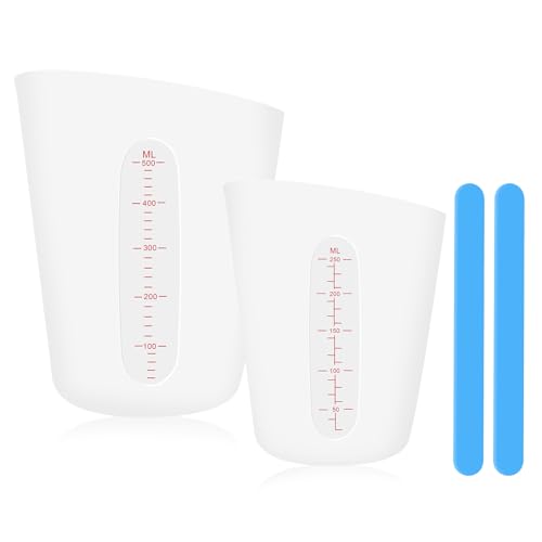 NVIYAM 2 Stück Silikon Messbecher Set 500/250ml Mit Rührstab für Harz, Epoxidharz, Küche, Handwerk Und Labor - Mischbecher Mit Skala