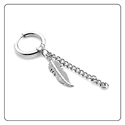 Punk Rock Stainless Steel Long Chain Earrings Feather Huggie Hinged Hoop Earrings,2PCS3