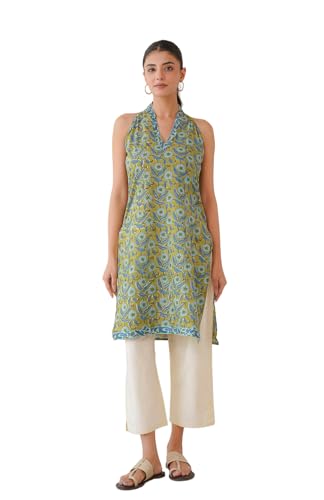Image of GOODHAND Chic Cotton Halter Kurti with Timeless Block printsPerfect for Casual outings or Festive Flair-Where Traditional Charm Meets Modern Silhouette