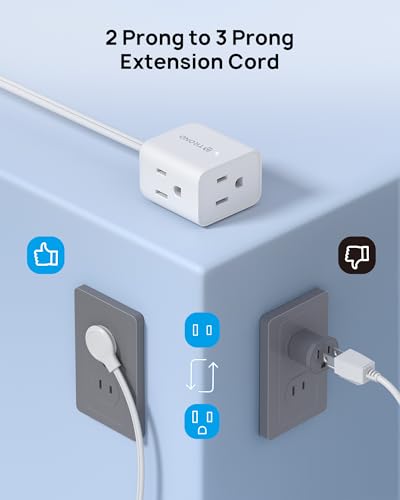 Image of TROND Indoor 2 Prong to 3 Prong Extension Cord - Polarized Flat Plug 3 Outlet Extension 15ft, 16 Gauge Cable, 1625W for Non-Ground Socket in Old House School Home Office Kitchen Dorm Room, White