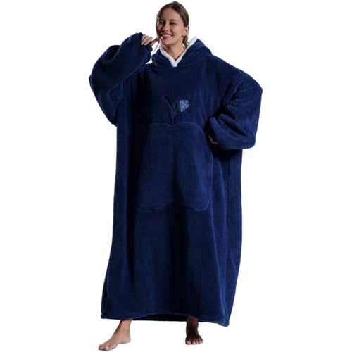 Surwin Coperta con Maniche e Cappuccio Uomo Donna, Coperta con Braccia e Tasca Calda Pesante Copertina Pile con Maniche per Le Notti Invernali sul Divano (Blu navy,140cm)