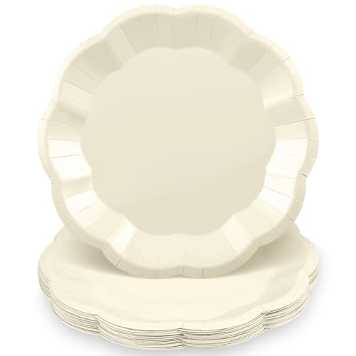 Image of NatNarr 30 Pcs Paper Plates 9 In Cream Party Plates Scalloped Paper Plate Elegant Disposable Plate for Baby Shower, Bridal Shower, Birthday, Wedding