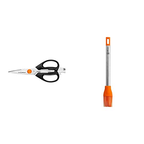 Bra Efficient Tijeras Multiusos, Acero Inoxidable, Gris, 3x5x30 cm + Efficient Pincel de Cocina Apto para El Contacto con los Alimentos, Acero INOX, Nailon y Silicona, Naranja, 27.5 cm