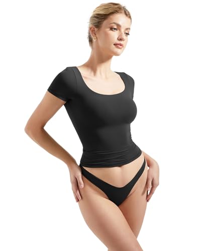 SUUKSESS Women Double Lined Fitted Basic Tee Scoop Neck Short Sleeve Y2K Crop Top3