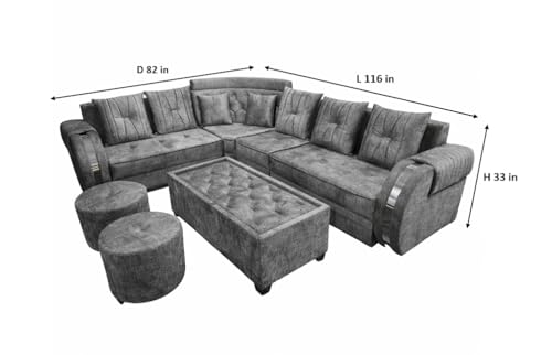 Image of APRODZ Solid Wood 6 Seater Sofa Set Velvet Fabric Sectional L Shaped Sofa with Center Table & Ottomans Corner Sofa for Home Office Guests Living Room Cushioned Seating for Home & Lounge Use (Grey)