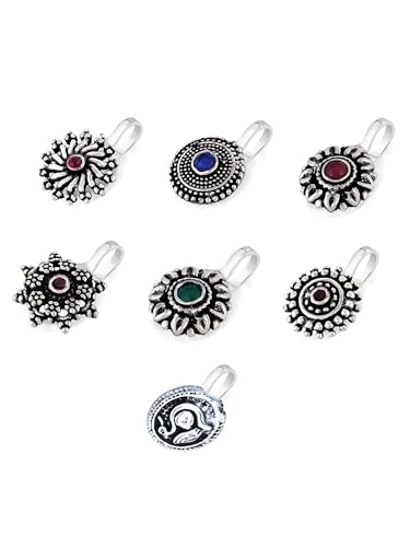 Yellow Chimes Nose Pin for Women and Girls | Traditional Silver Oxidised Nose Pin Without Piercing | German Silver Nose Pin Set | Floral Shaped Nosepin Combo | Accessories... - Image 6