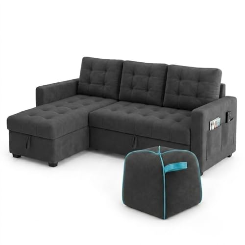 Image of CASASTYLE Sumur 5 Seater LHS L Shape Sofa with Pull Out Bed, Storage Lounger & Suri Pouf Ottoman | Soft Velvet Suede Fabric | Comfort Cushions | Ideal for Living Room, Hotel & Office (Dark Grey)