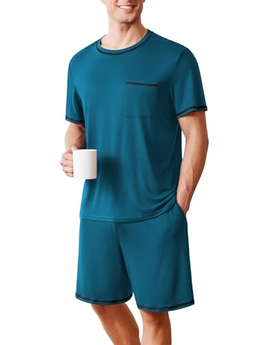Image of Ekouaer Men's Pajamas Set Casual Short Sleeve Shirts and Shorts Soft 2 Piece Loungewear With Pockets