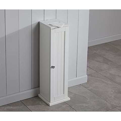 House & Homestyle Ashby Toilet Holder, Free Standing Bathroom Loo Roll Slimline Unit Storage Solution-White Wood Finish, MDF, H 65cm x W x D 19.5cm Cover