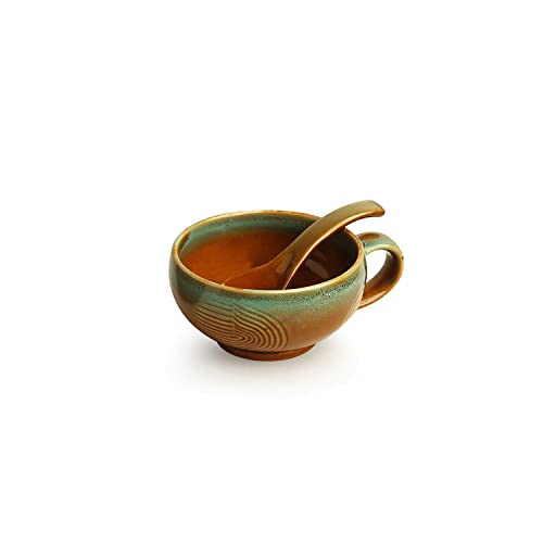 Image of ExclusiveLane 'Peacock Boulevard' Ceramic Soup Bowl with Spoon Set of 4 (320 ML, Dishwasher & Microwave Safe Bowls) | Modern Ceramic Soup Bowls with Handle Soup Bowls Set of 4 Soup Bowl Set