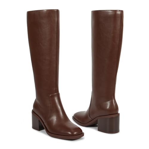 ISNOM Chunky Low Heel Knee High Boots Women Long Tall Square Toe Boots Faux Leather Comfortable Boot With Side Zipper for Regular Calf3