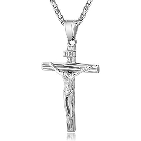 Reizteko Stainless Steel Antique Cross Crucifix Pendant Jesus Necklace For Men 24 Inch (Silver) Cover