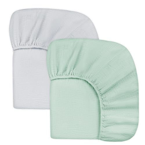 Image of Muslin Crib Sheets for Boys Girls, Hooyax Neutral Baby Crib Fitted Sheets, Boho Soft Crib Mattress Sheet for Standard Crib Mattress & Toddler Mattress 52" x 28", 2 Pack (Green & Grey)