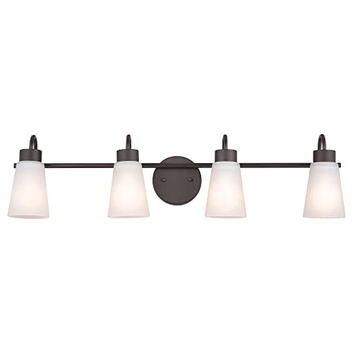 Image of Kichler Erma 4-Light Bathroom Vanity Light Fixture with Satin Etched Glass, Updated Traditional Wall Light in Olde Bronze for Bathroom Mirror (32.5 inch x 8.5 inch x 6 inch), 55127OZ