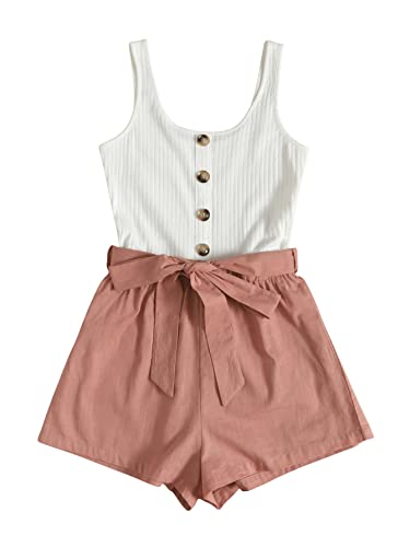 SweatyRocks Women's Sleeveless Cami Romper Colorblock Short Jumpsuit with Belt White Dusty Pink M