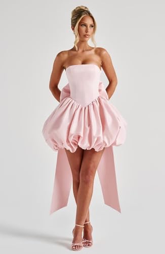Strapless Satin Homecoming Dresses with Bow A Line Short Prom Dress Mini Puffy Cocktail Party Dresss AS042