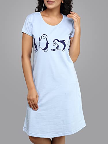 Image of Meerkat Women Short Sleeve Knee Length Cotton Knits Printed Short Nighty /Long Shirt /Midi
