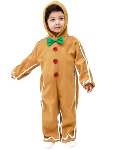 Xmas Gingerbread Man Costume Kids, Gingerbread Onesie Kids Christmas Outfit Boy Girl Cosplay Hooded Jumpsuit