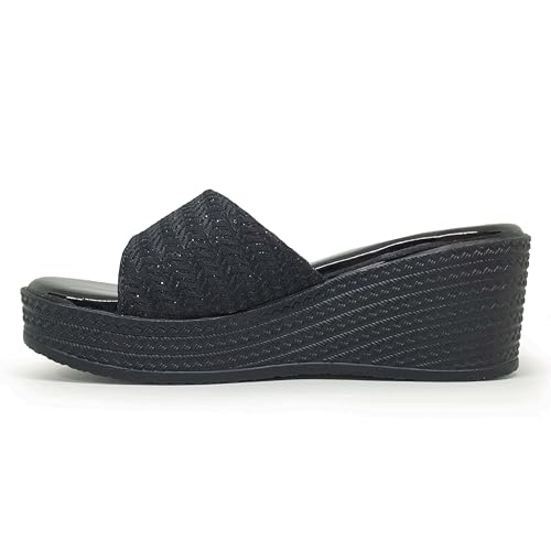 Image of WFS Women's Black 2.5 Inch Wedge Heel Slip-On Fashion Sandals - Shimmer Finish
