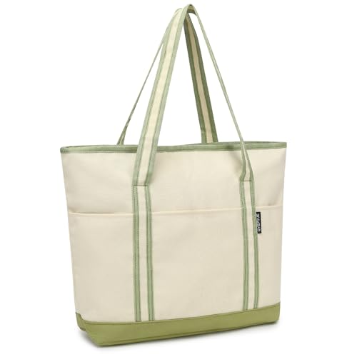 QYEPYUE Large Canvas Tote Bag for Women, Beach Bag with Zipper, Utility Tote Bag with 3 Front Pockets, Weekender Pool Bag