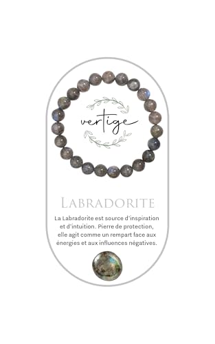 VERTIGE Bracelet de lithothérapie LABRADORITE, Pierres 8mm Minérales, Source de bien être Psychique et Physique, Apporte la PROTECTION, le CLARTÉ, et BONHEUR, Bracelet Femme/Homme