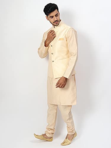 Image of Uri and MacKenzie Men's Silk Blend Regular Kurta Churidar Pyjama with Bundi Nehru Jacket /Waistcoat