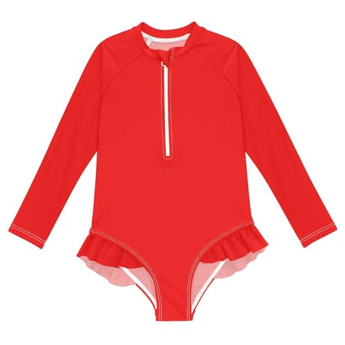 QUGRL Girls Rash Guard Swimsuit Size 7 Size 8 Red One Piece Girl Bathing Suit Zipper UPF 50+ Rashguard Swimwear