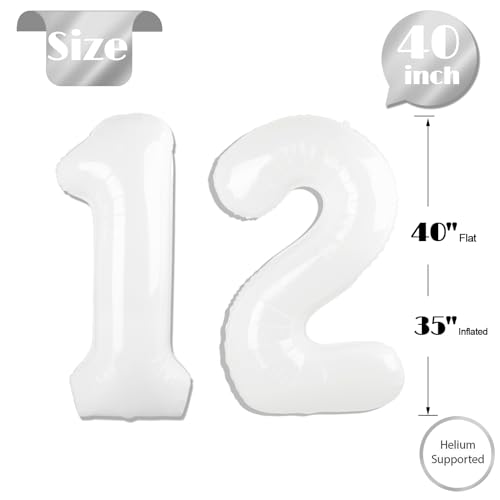 Image of White Number 12 Balloon 40 inch, 12 Number Balloons, 12th White Birthday Decorations 12 Year Old Party Supplies