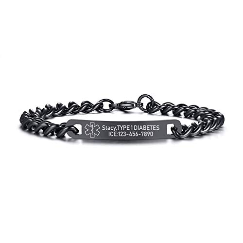 VNOX Free Engraving-Medical Alert ID Black Stainless Steel Thin Link Emergency Bracelet for Men,8.8