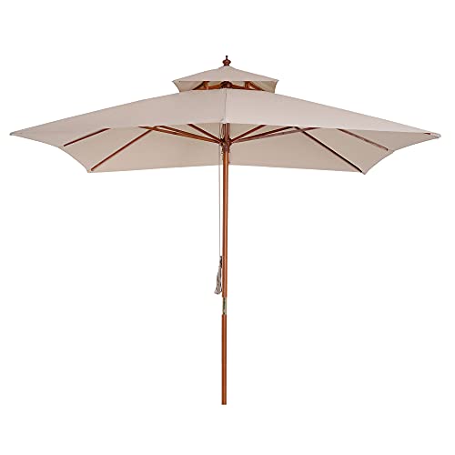 Outsunny Sombrilla de Jardín 3x3x3 m Parasol de Terraza de Bambú con Doble Techo Resistente al Agua Sistema de Polea para Balcón Terraza Exterior Beige